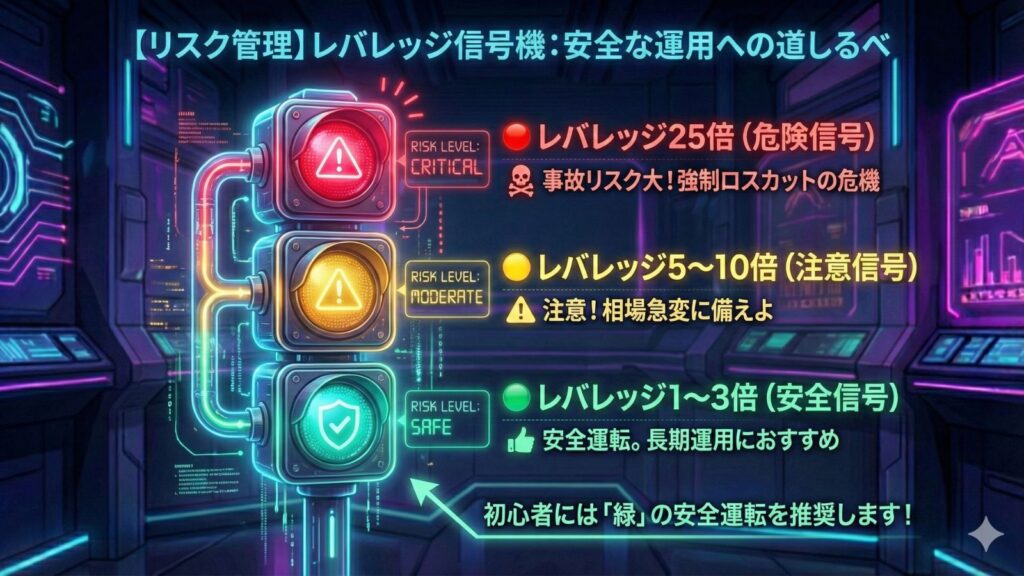 FXレバレッジのリスクを信号機で表した図。赤信号は「レバレッジ25倍（危険信号）：事故リスク大！強制ロスカットの危機」、黄色信号は「レバレッジ5〜10倍（注意信号）：注意！相場急変に備えよ」、青信号は「レバレッジ1〜3倍（安全信号）：安全運転。長期運用におすすめ」。初心者には青信号の安全運転を推奨している。
