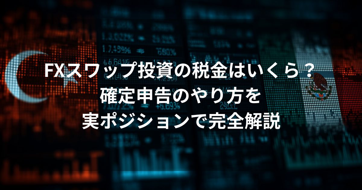 FXスワップ投資の税金と確定申告のやり方を解説するアイキャッチ画像。青いデジタル背景にトルコとメキシコの国旗が並び、「FXスワップ投資の税金はいくら？確定申告のやり方を実ポジションで完全解説」というテキストが中央に配置されている。