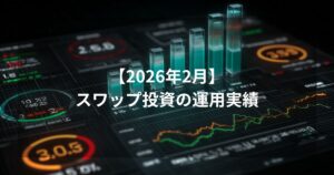 「【2026年2月】スワップ投資の運用実績」と中央に記載されたアイキャッチ画像。背景には、メキシコペソやトルコリラの運用状況を象徴する、近未来的なUIデザインのFXチャートやデータグラフが配置されている。