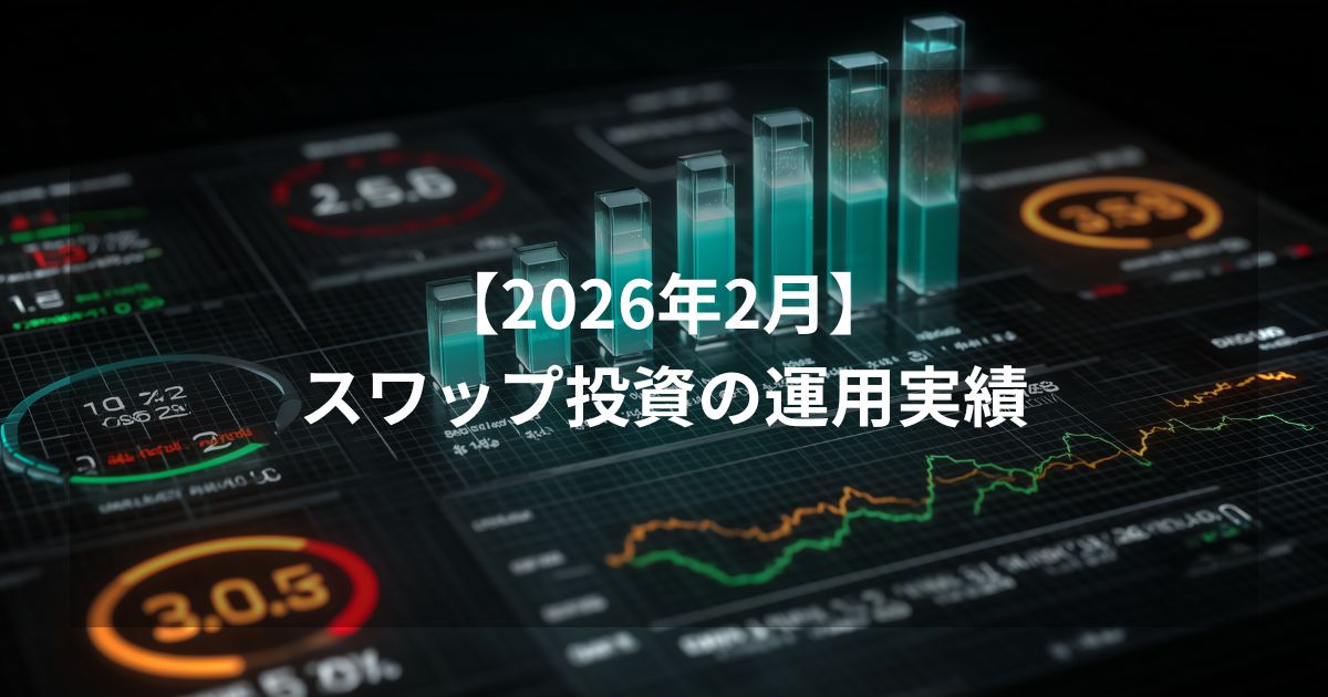 「【2026年2月】スワップ投資の運用実績」と中央に記載されたアイキャッチ画像。背景には、メキシコペソやトルコリラの運用状況を象徴する、近未来的なUIデザインのFXチャートやデータグラフが配置されている。