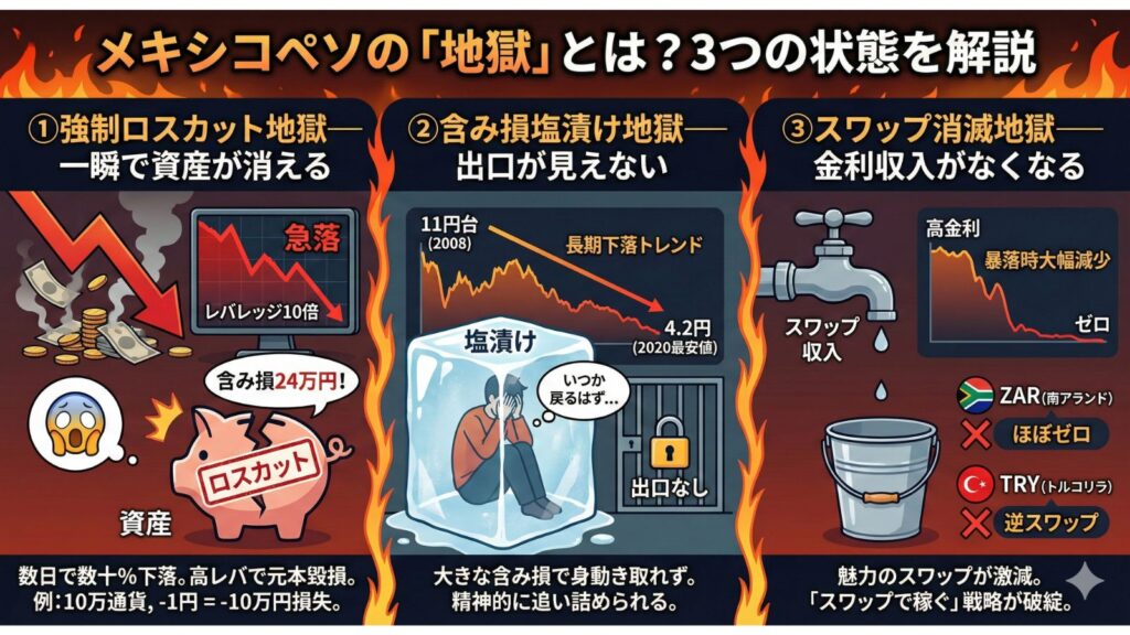 メキシコペソ投資の3つの「地獄」を解説したインフォグラフィック。1. 強制ロスカット地獄：急落と高レバレッジで資産が消える。2. 含み損塩漬け地獄：長期下落で身動きが取れず精神的に追い詰められる。3. スワップ消滅地獄：暴落時に金利収入が激減し戦略が破綻する。