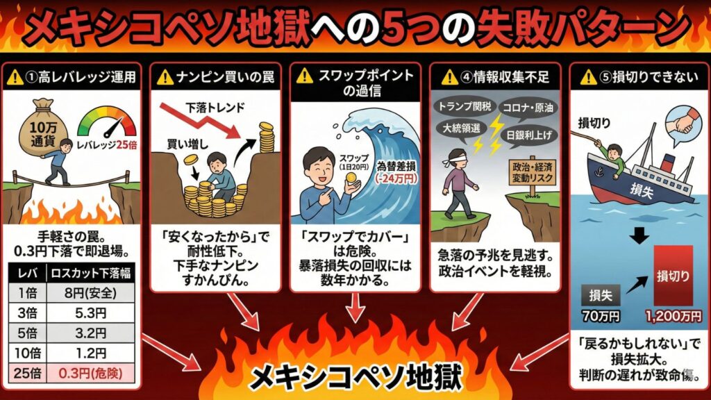 メキシコペソ地獄への5つの失敗パターンを図解したインフォグラフィック。①高レバレッジ運用、②ナンピン買いの罠、③スワップポイントの過信、④情報収集不足、⑤損切りできない、という5つの行動が損失を拡大させ「地獄」につながる様子をイラストと具体的な数値例で解説している。