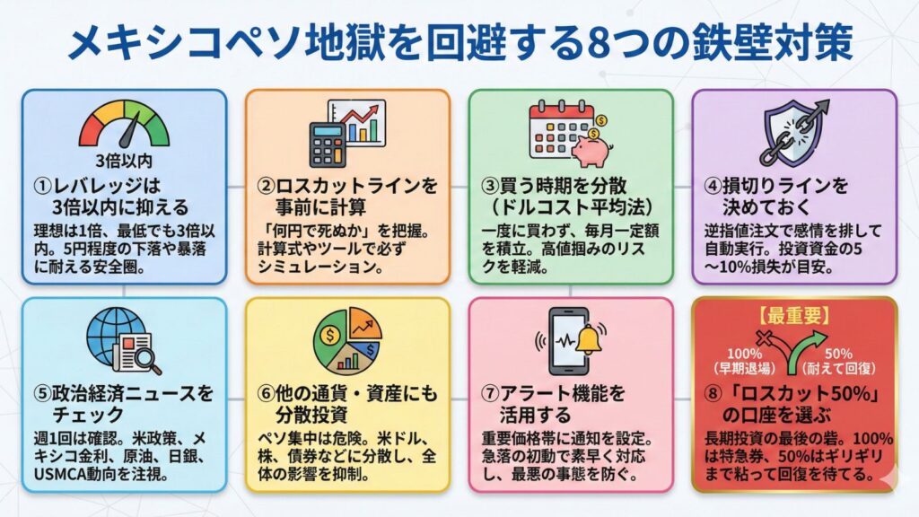 メキシコペソ地獄を回避する8つの鉄壁対策を図解したインフォグラフィック。①レバレッジは3倍以内、②ロスカットラインを事前に計算、③買う時期を分散、④損切りラインを決めておく、⑤政治経済ニュースをチェック、⑥他の通貨・資産にも分散投資、⑦アラート機能を活用する、⑧「ロスカット50%」の口座を選ぶ（最重要）。それぞれの対策について、具体的な方法やメリットをイラストとテキストで解説している。