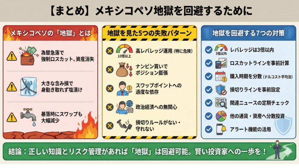 【まとめ】メキシコペソ地獄を回避するために。記事の重要ポイントを3つのパネルで図解。左パネル「メキシコペソの「地獄」とは」：強制ロスカット、塩漬け、スワップ減少のリスクを警告。中央パネル「地獄を見た5つの失敗パターン」：高レバレッジ、ナンピン、スワップ依存、無関心、損切りルール欠如のNG行動を列挙。右パネル「地獄を回避する7つの対策」：レバレッジ管理、ロスカット計算、分散投資、損切り設定、情報収集、資産分散、アラート活用の推奨アクションを提示。結論として「正しい知識とリスク管理があれば「地獄」は回避可能」と呼びかけている。