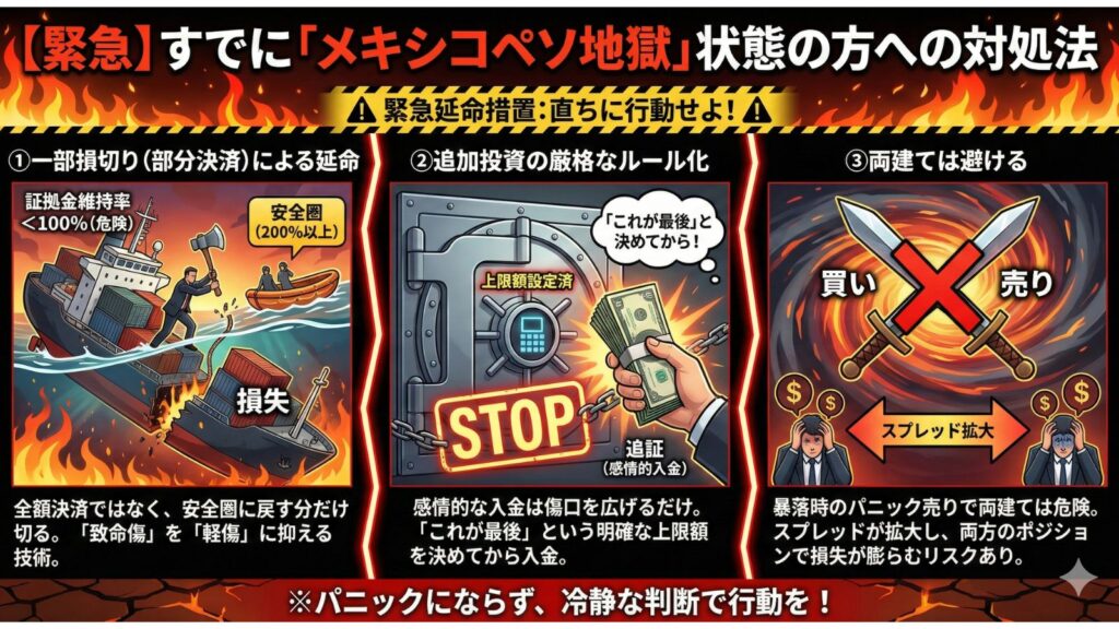 【緊急】すでに「メキシコペソ地獄」状態の方への対処法を図解したインフォグラフィック。①一部損切りによる延命：沈没船から安全圏へ脱出するイラストで、証拠金維持率を回復させる重要性を解説。②追加投資の厳格なルール化：感情的な追証をSTOPさせる金庫のイラストで、上限額設定の必要性を強調。③両建ては避ける：交差する剣とスプレッド拡大のイラストで、パニック時の両建ての危険性を警告。最後に「パニックにならず、冷静な判断で行動を！」と呼びかけている。