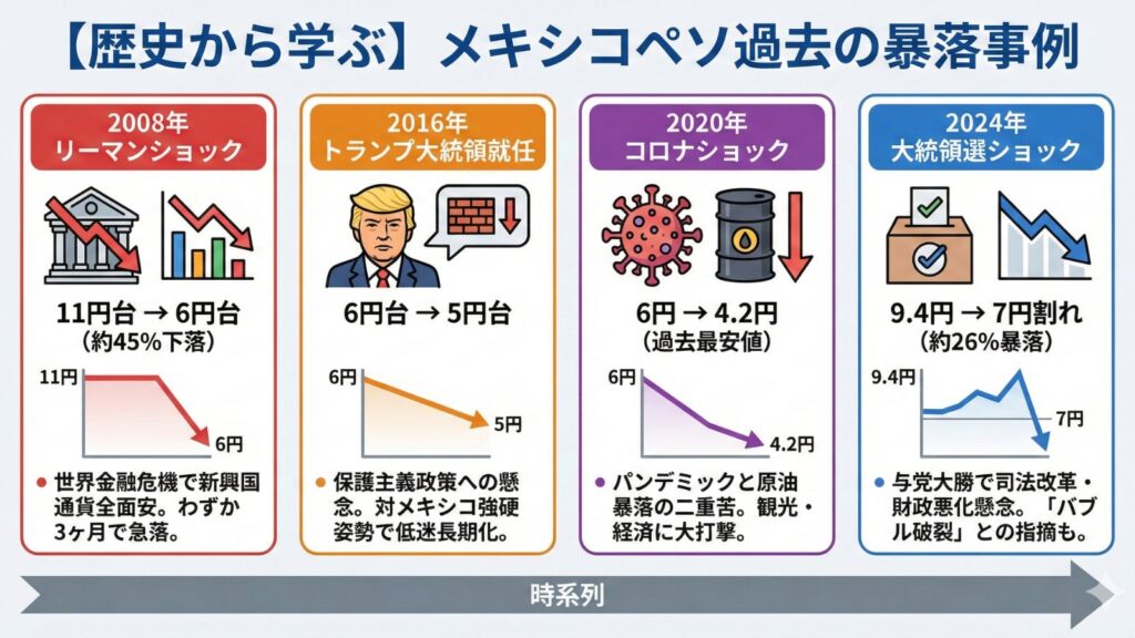 メキシコペソ過去の暴落事例を時系列でまとめたインフォグラフィック。2008年リーマンショック、2016年トランプ大統領就任、2020年コロナショック、2024年大統領選ショックの4つの主要な暴落イベントについて、下落幅、下落率、原因をイラストとテキストで解説している。