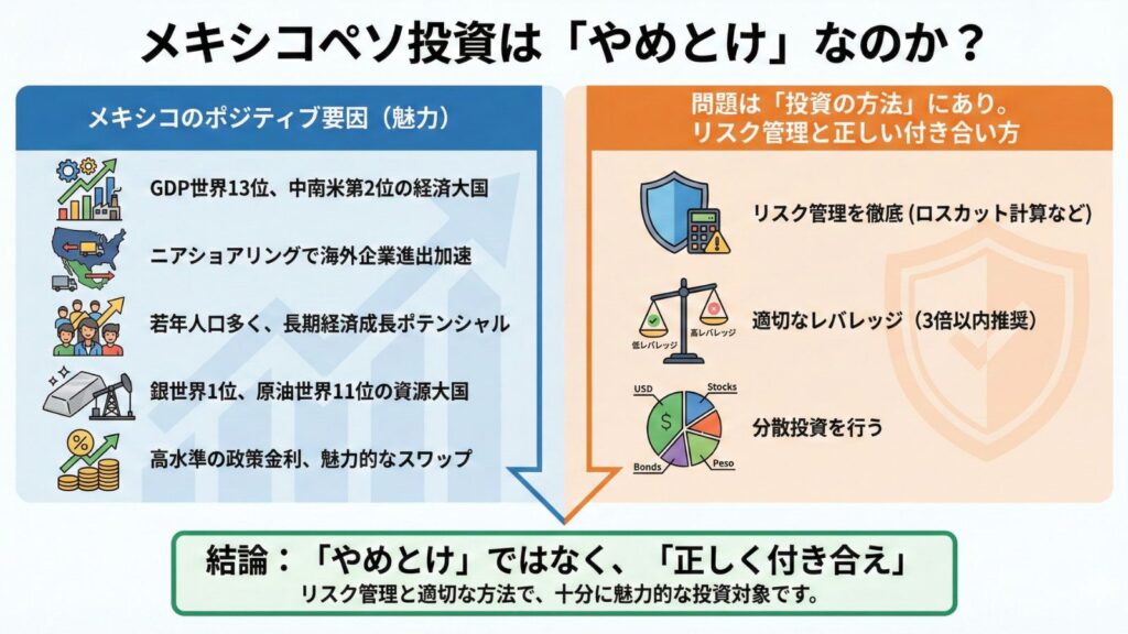 「メキシコペソ投資は「やめとけ」なのか？」という問いに対し、左側の「ポジティブ要因（魅力）」と右側の「投資の方法（リスク管理と正しい付き合い方）」を対比させたインフォグラフィック。結論として「やめとけ」ではなく「正しく付き合え」と呼びかけている。