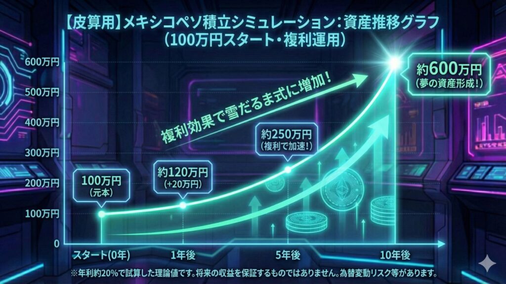 メキシコペソ100万円スタートの複利運用シミュレーション試算グラフ（理論値）