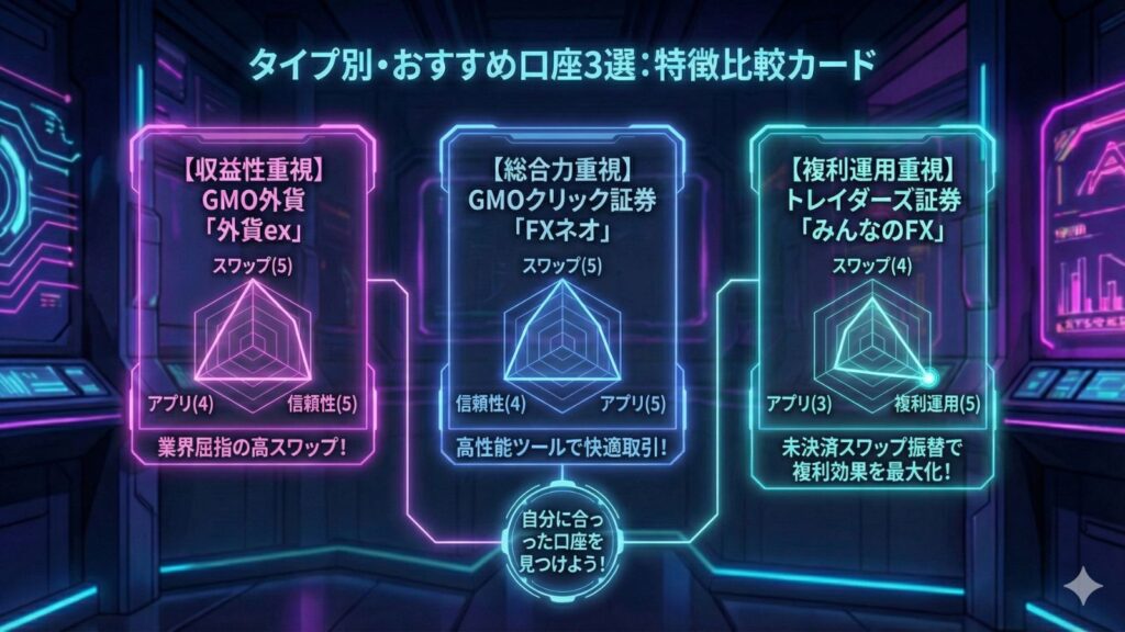 メキシコペソおすすめFX口座3選の特徴比較レーダーチャート。収益性重視の「GMO外貨」はスワップと信頼性が評価5、総合力重視の「GMOクリック証券」はスワップとアプリが評価5、複利運用重視の「みんなのFX」は複利運用項目が評価5で突出している。