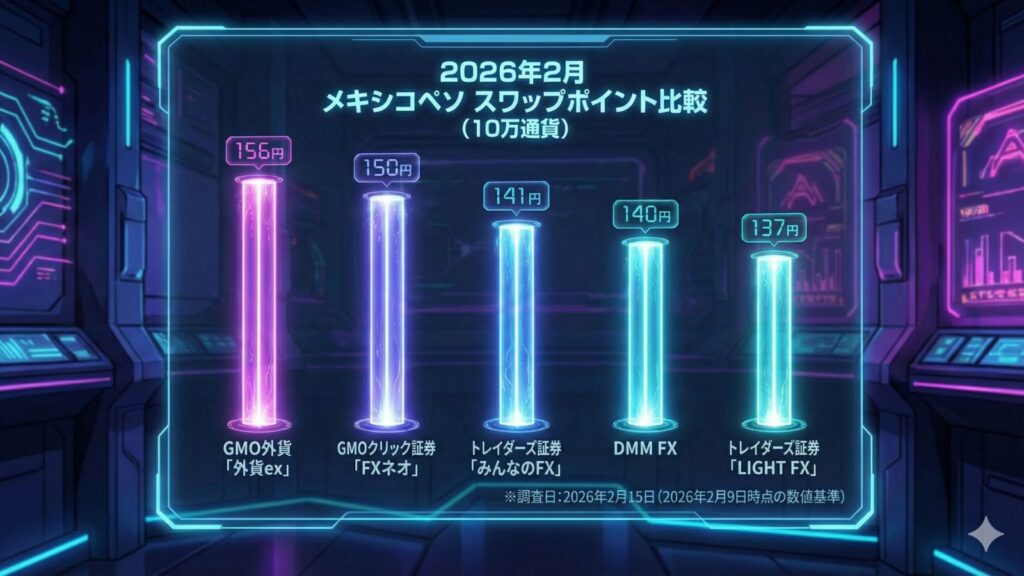 2026年2月時点のメキシコペソ（10万通貨）スワップポイント比較棒グラフ。1位はGMO外貨「外貨ex」の156円、2位はGMOクリック証券「FXネオ」の150円、3位はトレイダーズ証券「みんなのFX」の141円。以下、DMM FX（140円）、LIGHT FX（137円）と続く。