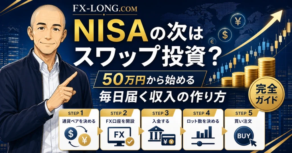 NISAの次にスワップ投資を検討する人向けのアイキャッチ画像。ノリスが50万円から始めるスワップ投資の手順と、毎日届く収入の作り方を解説している。
