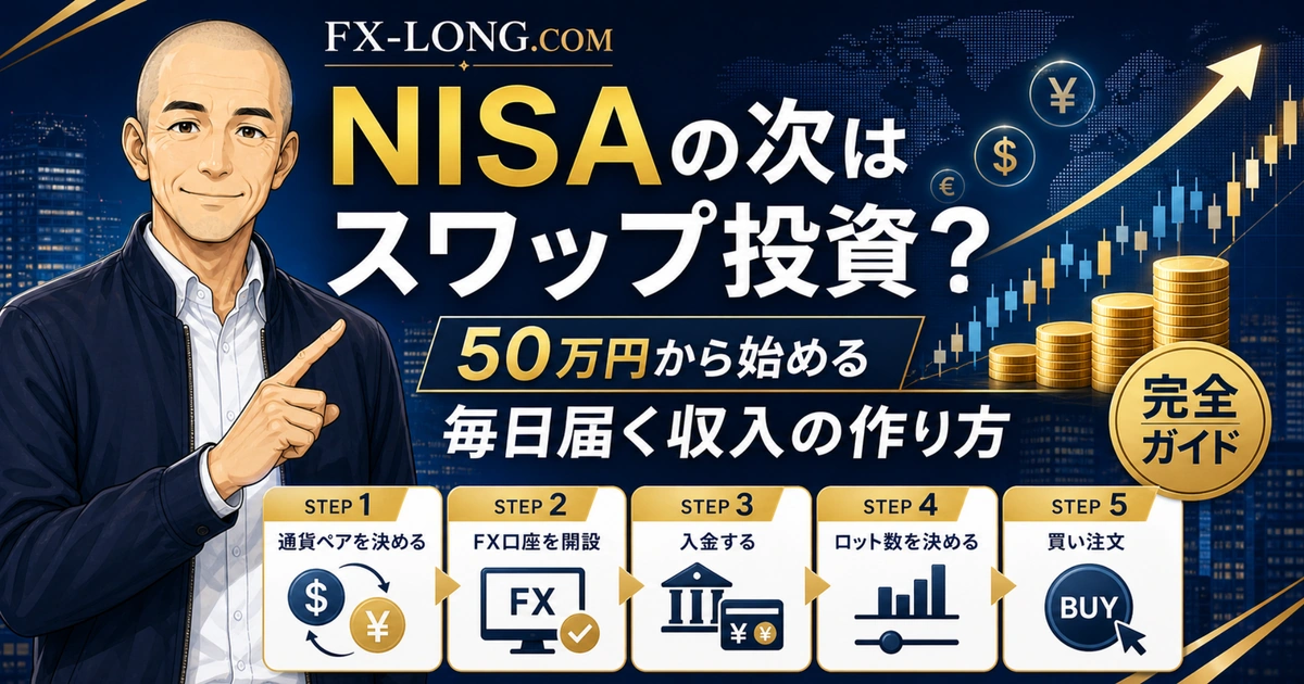 NISAの次にスワップ投資を検討する人向けのアイキャッチ画像。ノリスが50万円から始めるスワップ投資の手順と、毎日届く収入の作り方を解説している。