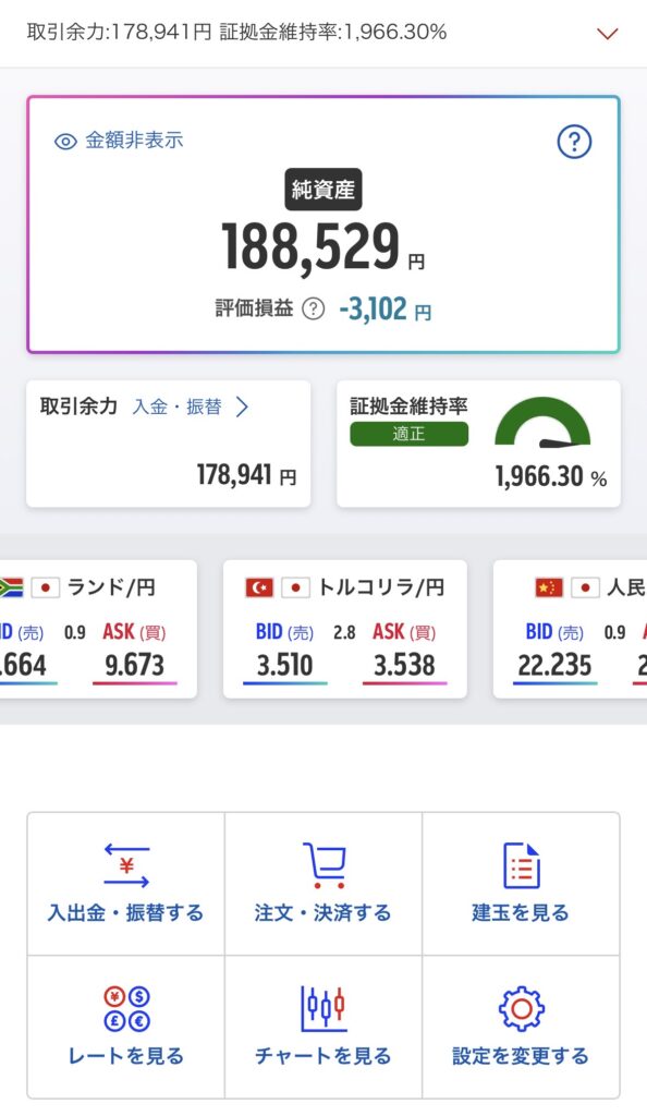 楽天証券の口座トップ画面。純資産188,529円に対し、証拠金維持率が1,966.30%と表示されている。評価損益は-3,102円だが「適正」の緑色アイコンが表示されている。