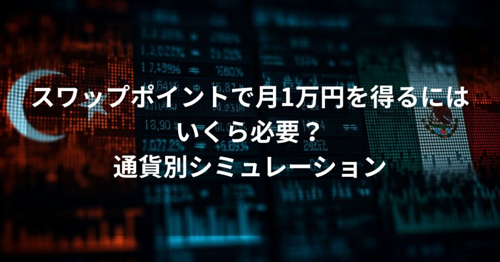 スワップポイント投資のシミュレーション画像。背景にトルコとメキシコの国旗と金融データが並び、「スワップポイントで月1万円を得るにはいくら必要？通貨別シミュレーション」というテキストが中央に配置されている。
