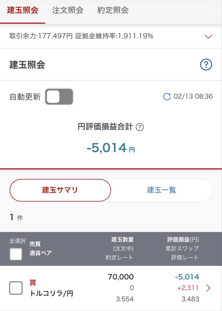 トルコリラ/円のFX建玉照会画面。数量70,000、累計スワップ+2,311円、評価損益-5,014円の運用実績（2026年2月13日）