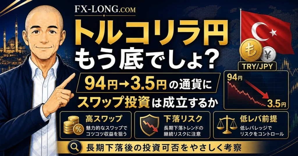 トルコリラ円はもう底なのかをテーマに、94円から3.5円まで下落した通貨でスワップ投資が成立するかをやさしく考察する記事のアイキャッチ画像。