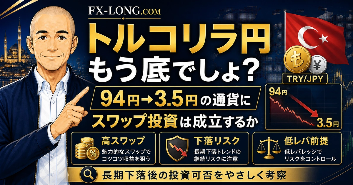 トルコリラ円はもう底なのかをテーマに、94円から3.5円まで下落した通貨でスワップ投資が成立するかをやさしく考察する記事のアイキャッチ画像。