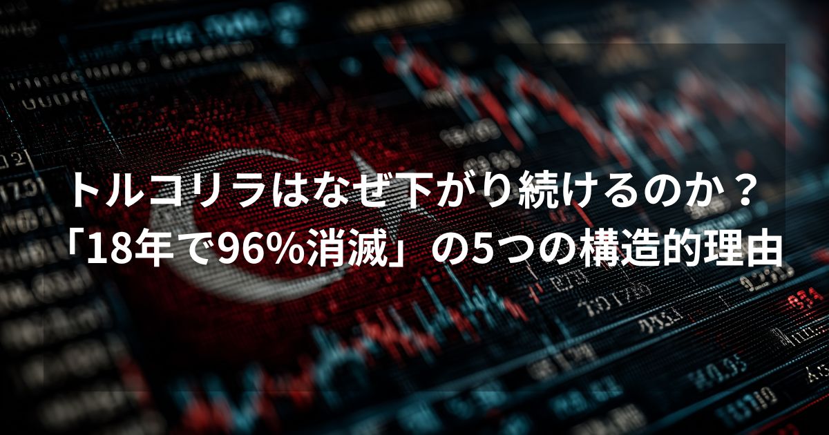 トルコリラが下がり続ける5つの構造的理由を解説するアイキャッチ画像。赤いトルコ国旗とデジタルチャートを背景に、「18年で価値が96%消滅」という衝撃的な事実を伝えるテキストを配置。