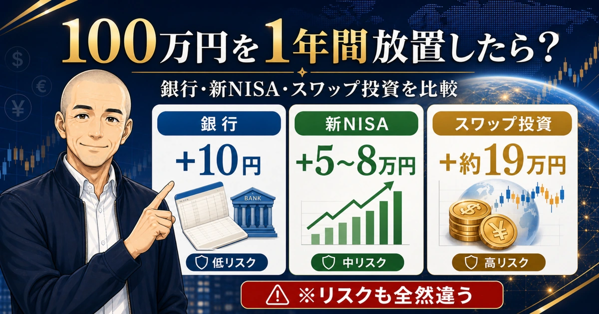 100万円を1年間放置した場合の銀行・新NISA・スワップ投資の違いを比較したアイキャッチ画像。低リスク・中リスク・高リスクの違いと想定収益をノリスが解説している。