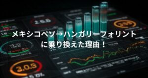 「メキシコペソ→ハンガリーフォリントに乗り換えた理由！」と書かれたFXブログのアイキャッチ画像。Muscular Norisがスマホを持ち、Mexican PesoからHungarian Forintへと向かう巨大な乗り換え矢印を指している。Tech-spec AI爺がその横でタブレットを手に頷く。背景にはスワップポイント比較グラフが表示されている
