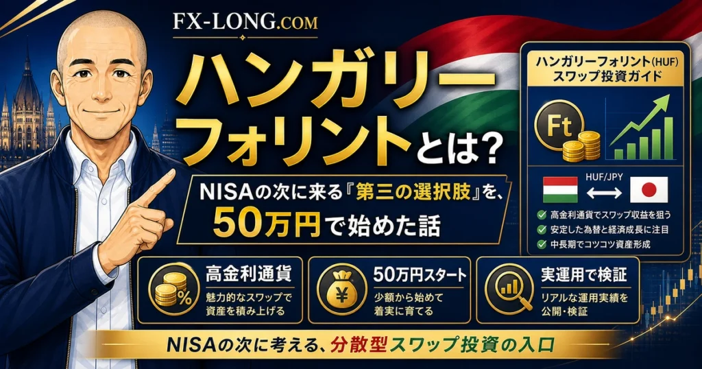 ハンガリーフォリントとは何かを解説する記事のアイキャッチ画像。NISAの次に考える第三の選択肢として、50万円で始めたHUFスワップ投資をノリスが紹介している。