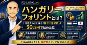 ハンガリーフォリントとは何かを解説する記事のアイキャッチ画像。NISAの次に考える第三の選択肢として、50万円で始めたHUFスワップ投資をノリスが紹介している。