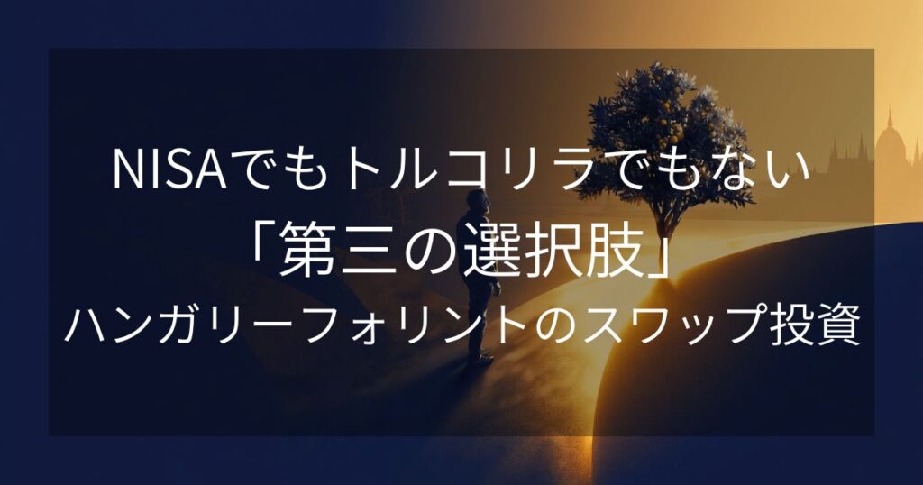 NISAと高金利通貨の2つの道の先に、金色に光る第三の選択肢（ハンガリーフォリント）を発見した男性のイラスト。奥にはブダペストを思わせるヨーロッパの街並みのシルエット