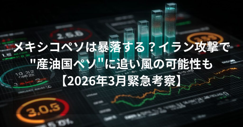 「メキシコペソは暴落する？イラン攻撃で"産油国ペソ"に追い風の可能性も【2026年3月緊急考察】」という記事タイトルが中央に大きく表示されたアイキャッチ画像。背景にはサイバーパンク風のデジタル金融ダッシュボード、青く光る棒グラフ、複雑な為替チャートが描かれ、データに基づいた緊急の市場分析を表現している。