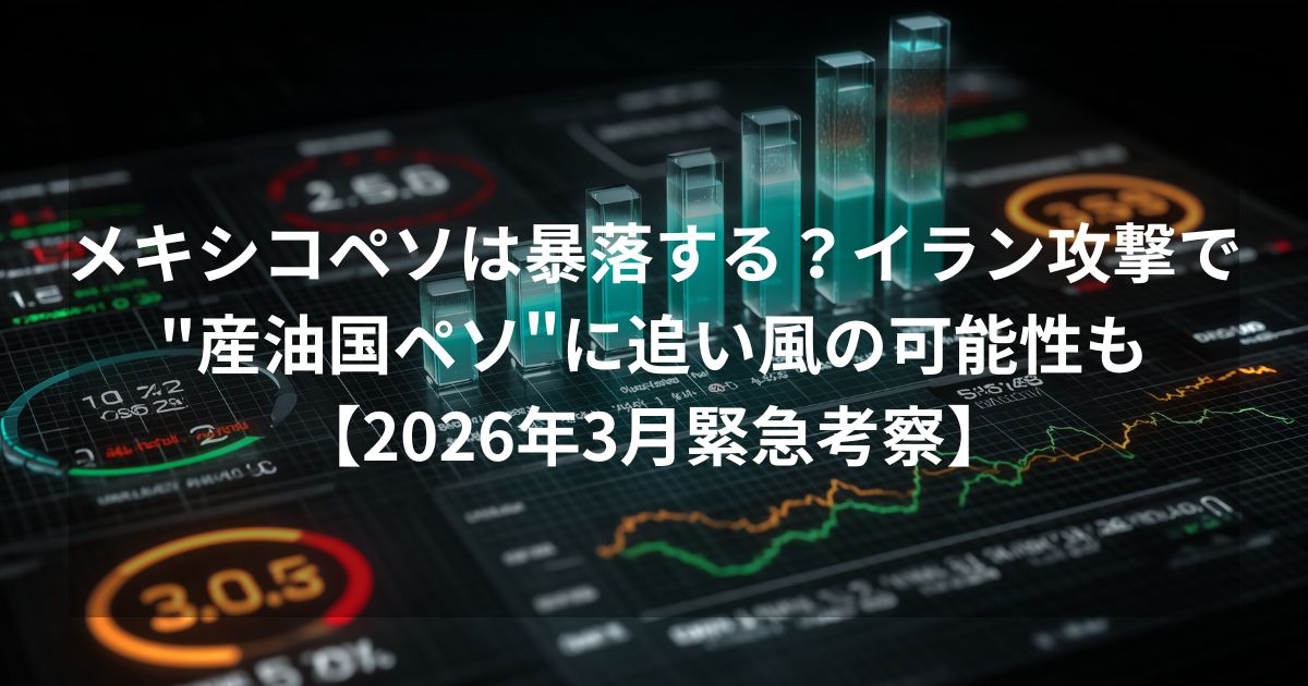 「メキシコペソは暴落する？イラン攻撃で"産油国ペソ"に追い風の可能性も【2026年3月緊急考察】」という記事タイトルが中央に大きく表示されたアイキャッチ画像。背景にはサイバーパンク風のデジタル金融ダッシュボード、青く光る棒グラフ、複雑な為替チャートが描かれ、データに基づいた緊急の市場分析を表現している。