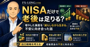 NISAだけで老後資金は足りるのかを考える記事のアイキャッチ画像。ノリスが、資産を増やす時代から取り崩しながら生きる不安までをわかりやすく解説している。