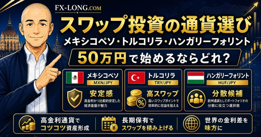 スワップ投資の通貨選びを解説するアイキャッチ画像。ノリスがメキシコペソ、トルコリラ、ハンガリーフォリントを比較し、50万円で始めるならどれかをわかりやすく案内している。