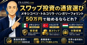 スワップ投資の通貨選びを解説するアイキャッチ画像。ノリスがメキシコペソ、トルコリラ、ハンガリーフォリントを比較し、50万円で始めるならどれかをわかりやすく案内している。