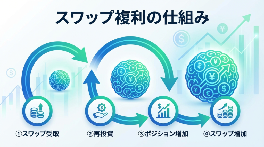 スワップポイント受取→再投資→ポジション増加→スワップ増加という、スワップ複利の循環サイクルを日本語のフローチャートで図解