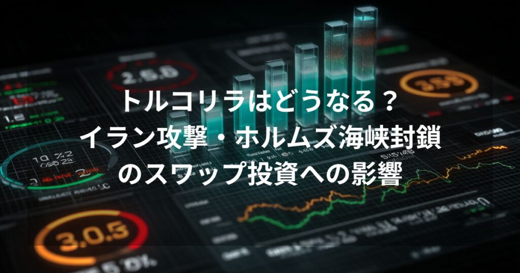 「トルコリラはどうなる？イラン攻撃・ホルムズ海峡封鎖のスワップ投資への影響を緊急考察【2026年3月】」というタイトルテキストが中央に配置されたアイキャッチ画像。 背景には、為替や金利の動きを象徴する上昇・下落のラインチャートや、ネオンのように発光する3D棒グラフが描かれたデジタルダッシュボードがデザインされている。 全体的にダークトーンで構成され、緊迫感のある金融市場の状況を表現している。