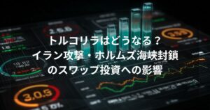 「トルコリラはどうなる？イラン攻撃・ホルムズ海峡封鎖のスワップ投資への影響を緊急考察【2026年3月】」というタイトルテキストが中央に配置されたアイキャッチ画像。 背景には、為替や金利の動きを象徴する上昇・下落のラインチャートや、ネオンのように発光する3D棒グラフが描かれたデジタルダッシュボードがデザインされている。 全体的にダークトーンで構成され、緊迫感のある金融市場の状況を表現している。