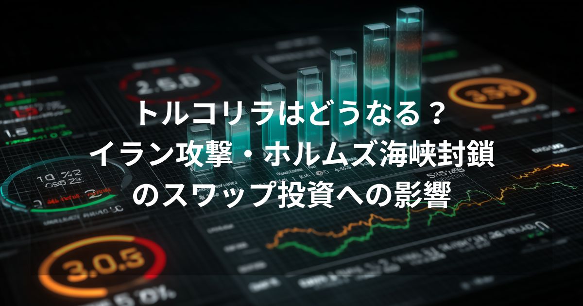 「トルコリラはどうなる？イラン攻撃・ホルムズ海峡封鎖のスワップ投資への影響を緊急考察【2026年3月】」というタイトルテキストが中央に配置されたアイキャッチ画像。 背景には、為替や金利の動きを象徴する上昇・下落のラインチャートや、ネオンのように発光する3D棒グラフが描かれたデジタルダッシュボードがデザインされている。 全体的にダークトーンで構成され、緊迫感のある金融市場の状況を表現している。