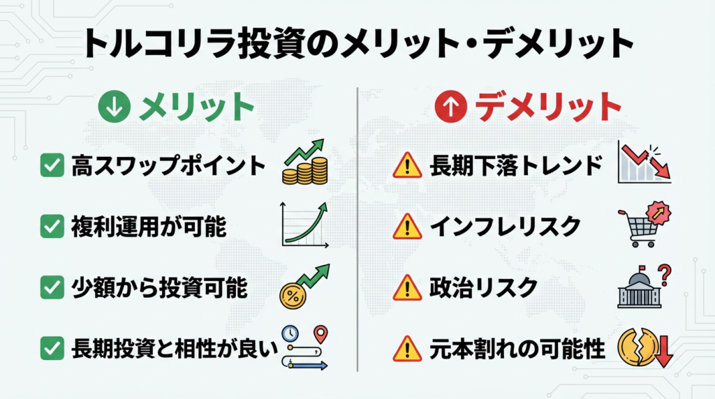 トルコリラ投資のメリット4つ(高スワップポイント、複利運用可能、少額投資可能、長期投資と相性良い)とデメリット4つ(長期下落トレンド、インフレリスク、政治リスク、元本割れ可能性)を日本語で比較した横並びインフォグラフィック
