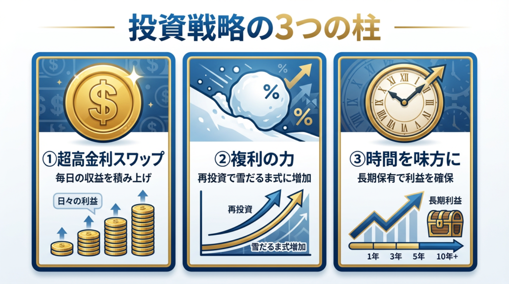 トルコリラ長期投資を成功させる3つの戦略の柱を日本語で解説:①超高金利スワップ(毎日の収益を積み上げ)、②複利の力(再投資で雪だるま式に増加)、③時間を味方に(長期保有で利益を確保)