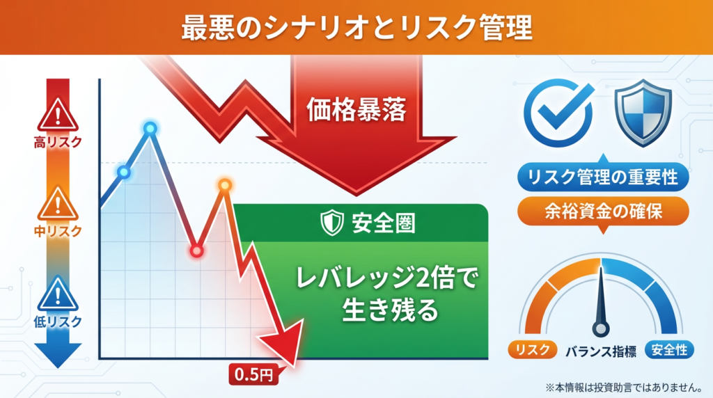  トルコリラが0.5円まで暴落した最悪ケースでも、レバレッジ2倍の資金管理により安全圏で生き残れることを示した日本語のリスク管理インフォグラフィック