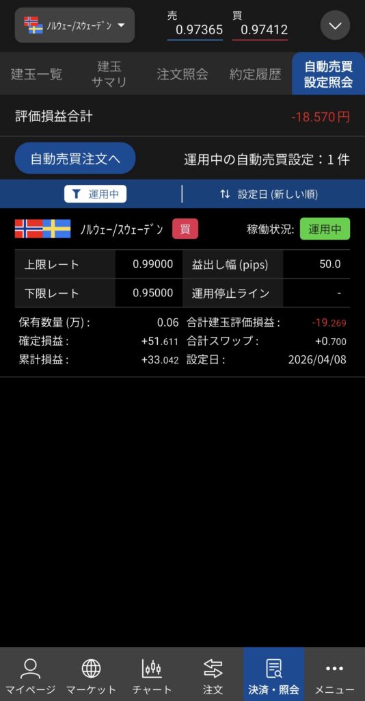 松井証券FXアプリ 自動売買設定照会画面。ノルウェー/スウェーデンの設定が表示されている 