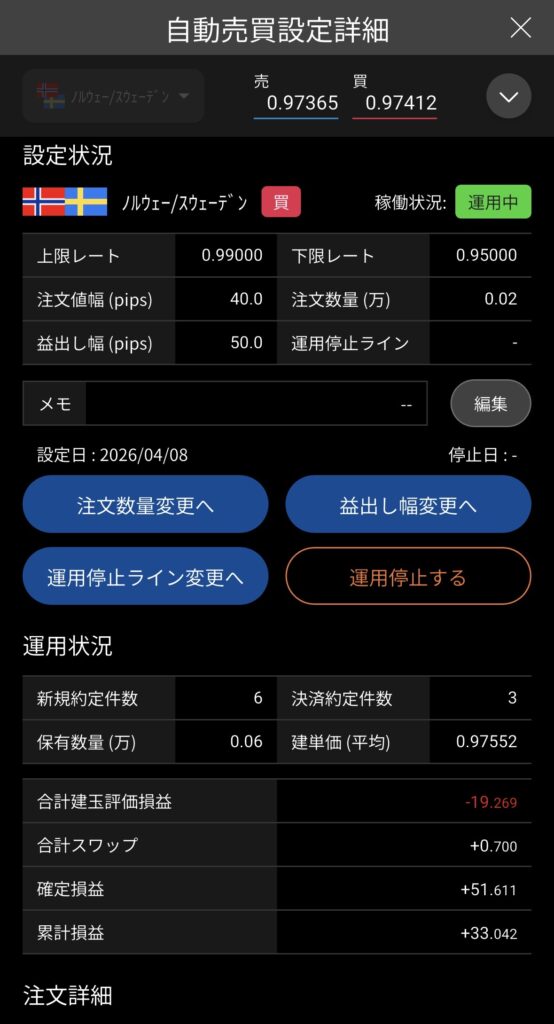 松井証券FXアプリ 自動売買設定詳細画面。設定状況と運用状況が表示され、下部に「運用停止する」ボタンがある 