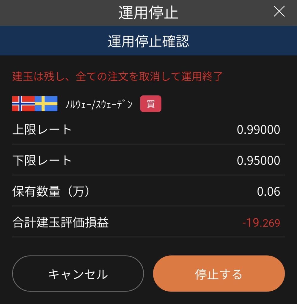 松井証券FXアプリ 運用停止確認画面。通貨ペア、上限・下限レート、保有数量、合計建玉評価損益が表示され、「キャンセル」と「停止する」ボタンがある 