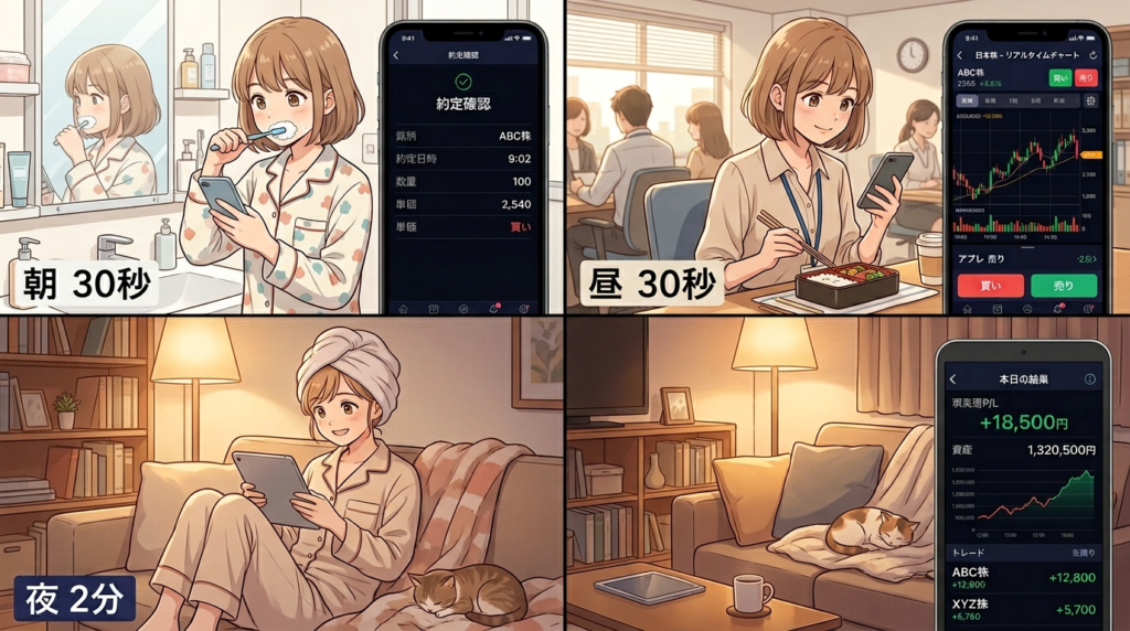 「日常に溶け込むFX自動売買チェック3シーン(日常系アニメ風)」