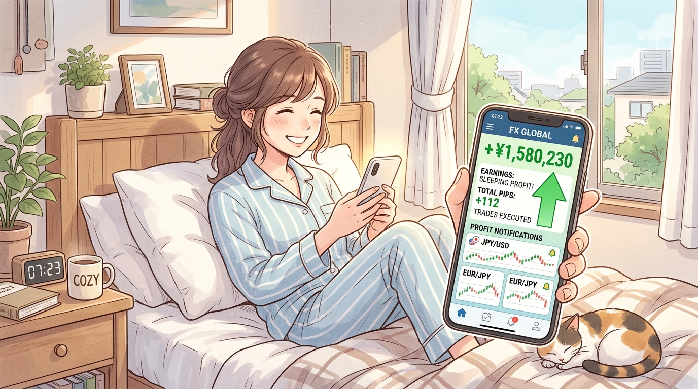 朝起きたらFX自動売買で利益が出ていることを確認する日本人投資家(アニメ調)」