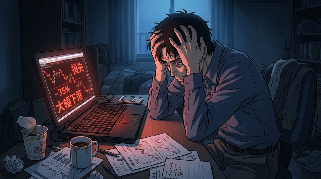 「2011年のFX取引失敗で絶望するトレーダー(青年漫画風アニメ)」