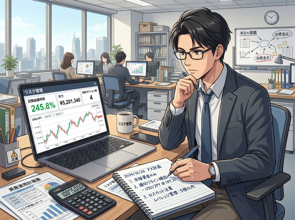FX投資のリスク管理デスク(アニメ調プロフェッショナル描写)」