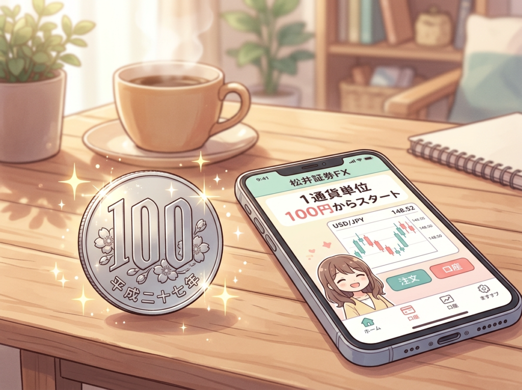 「100円硬貨とFXアプリ画面(アニメ調イラスト)」