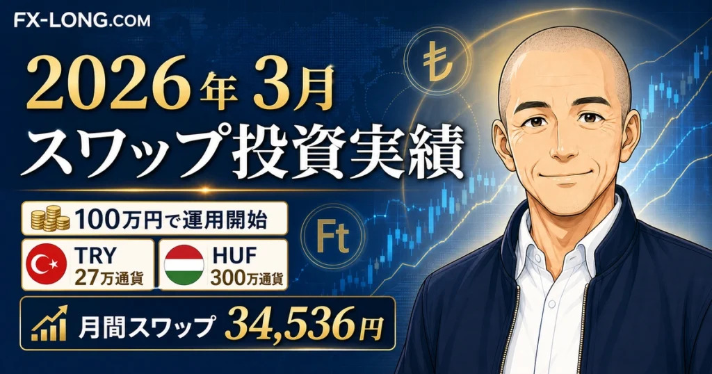 2026年3月のスワップ投資実績を紹介するアイキャッチ画像。ノリスが100万円で運用を開始し、トルコリラ27万通貨とハンガリーフォリント300万通貨で月間スワップ34,536円を記録した内容を表現している。