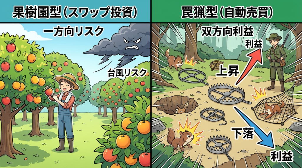 「スワップ投資(果樹園)と自動売買(罠猟)の比較図