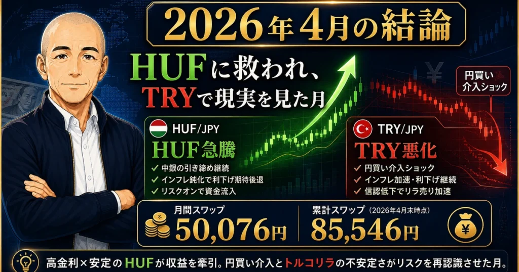 2026年4月のスワップ投資結果をまとめた図解。HUFに救われ、TRYで現実を見た月として、HUF急騰・TRY悪化・月間スワップ50,076円・累計スワップ85,546円を整理した記事内画像。